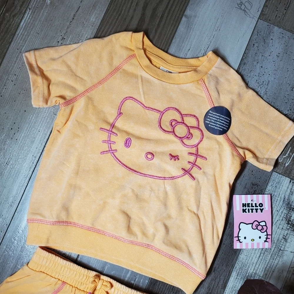 NWT Hello Kitty Peachy Orange and Pink Embroidered Shirt & Short Set Size 4T